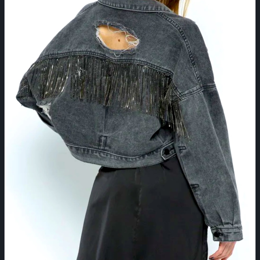 NWT Boutique Rhinestone Fringe Denim Jacket
